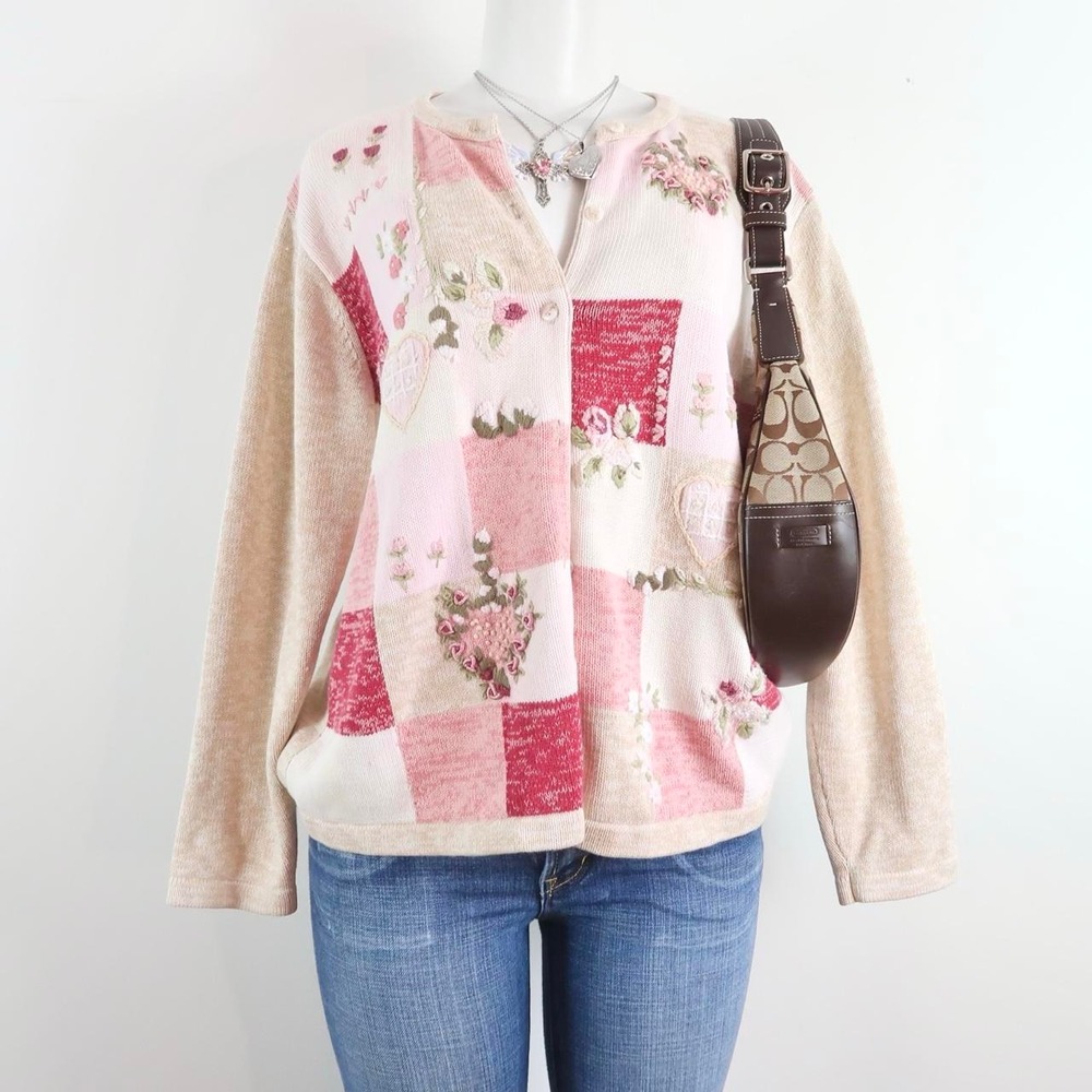 90s tabi embroidered patchwork grandma sweater